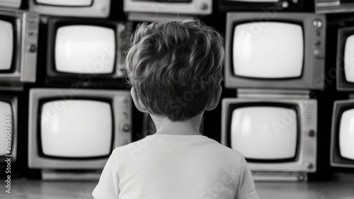 A young child in front of an array of vintage televisions and screens, including older models of CRT monitors