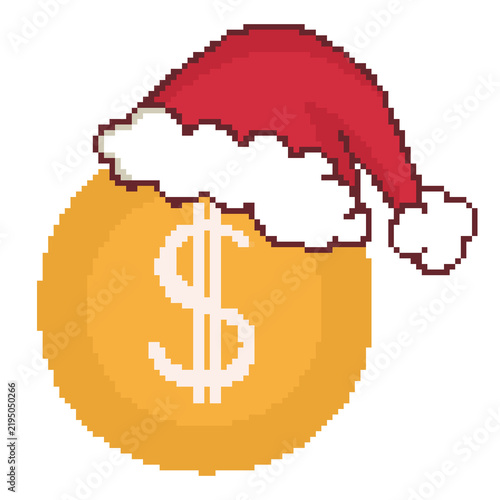 pixel art coin santa hat christmas dollar money holiday icon