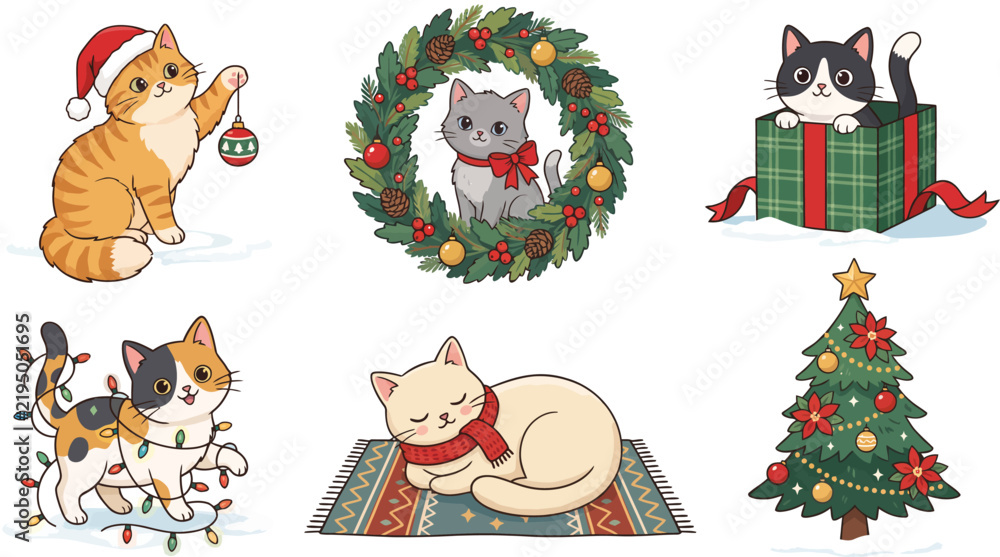 Fototapeta premium Cartoon cats with christmas decorations a vector illustration