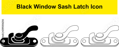Black window sash latch icon with lever for securing casement windows, vector illustration.