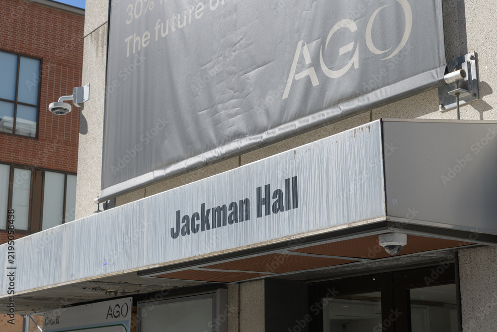 Obraz premium banner signage of Dani Reiss Modern and Contemporary Gallery expansion and 'ghost' sign of Jackman Hall, McCaul St, Art Gallery of Ontario, Toronto