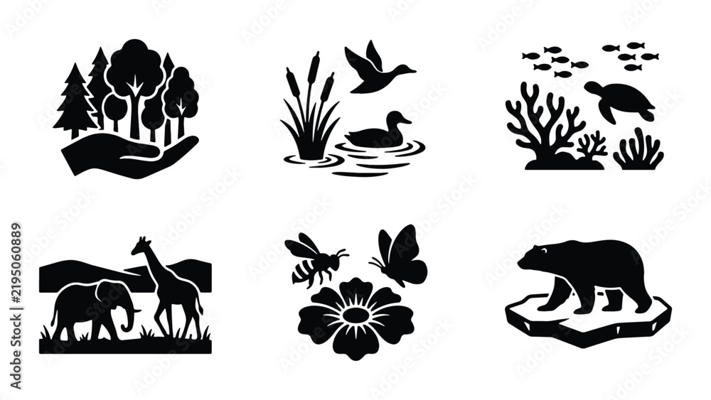 Fototapeta premium Nature Icons Set: Wildlife, Ecosystems, and Conservation Symbols, Vector Graphics