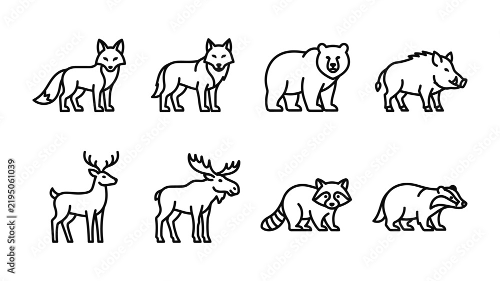 Fototapeta premium Forest Fauna Collection: A graphic collection of eight iconic forest animal illustrations, including a fox, wolf, bear, boar, deer, moose, raccoon, and badger, presented in a clean.