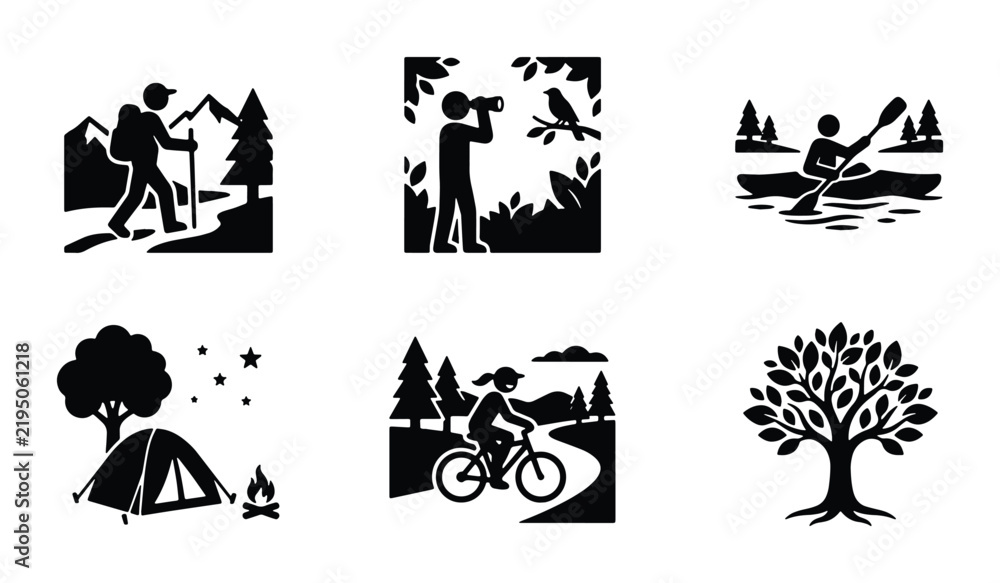 Fototapeta premium Outdoor Adventure Icons: Hiking, Camping, Cycling, Birdwatching, Kayaking, Nature Tree