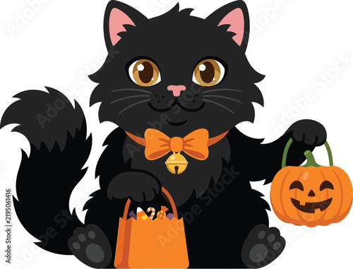 Фотография Adorable black cat wearing an orange bow tie and bell holding a jack o lantern p