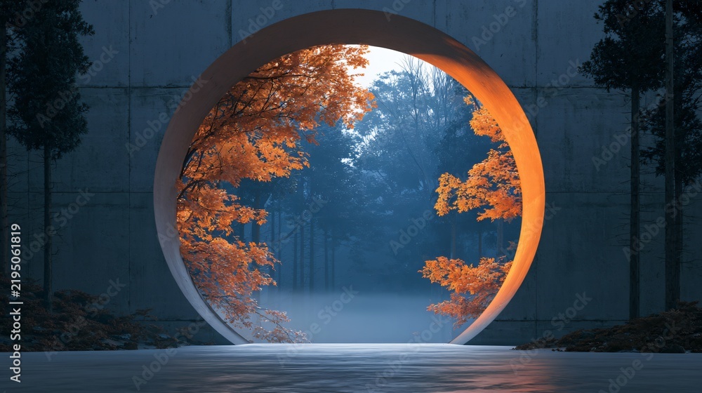 Obraz premium A Halloween background depicting an atmospheric forest viewed through a circular architectural opening, with orange autumn foliage outside and dense blue-gray mist between the trees