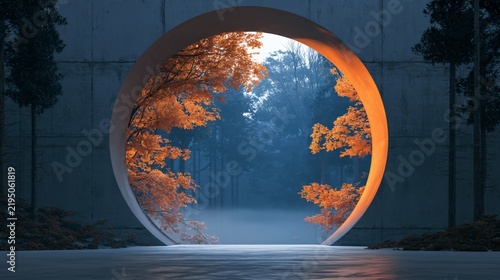 A Halloween background depicting an atmospheric forest viewed through a circular architectural opening, with orange autumn foliage outside and dense blue-gray mist between the trees