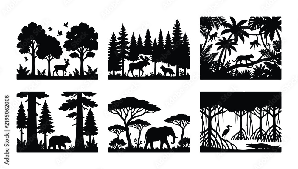 Fototapeta premium Diverse Wildlife Silhouettes: Forest, Jungle, Savannah, and Swamp Ecosystems, Vector Art Collection