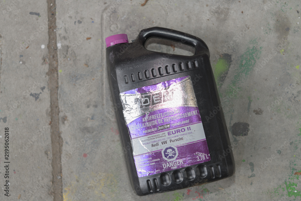 Fototapeta premium top-down view of a discarded container of Recochem OEM Extended Life Euro II Antifreeze/Coolant in Toronto