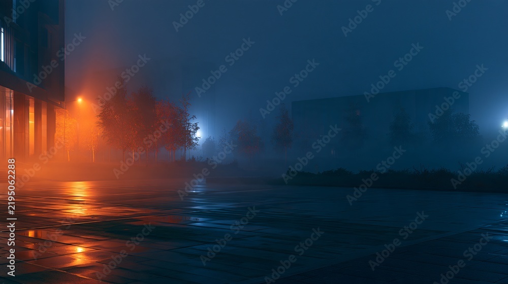 Obraz premium A Halloween background featuring a fog-covered modern city square at night, subtle orange lights glowing through the mist, abstract reflections on wet pavement, distant silhouettes of autumn trees
