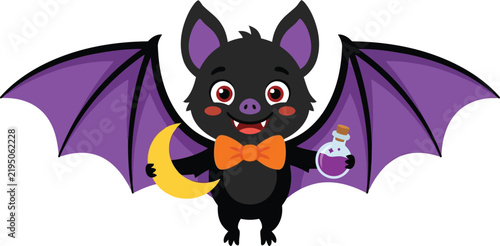 Cute cartoon bat character with purple wings wearing an orange bow tie, holding a yellow crescent moon and a potion bottle on white