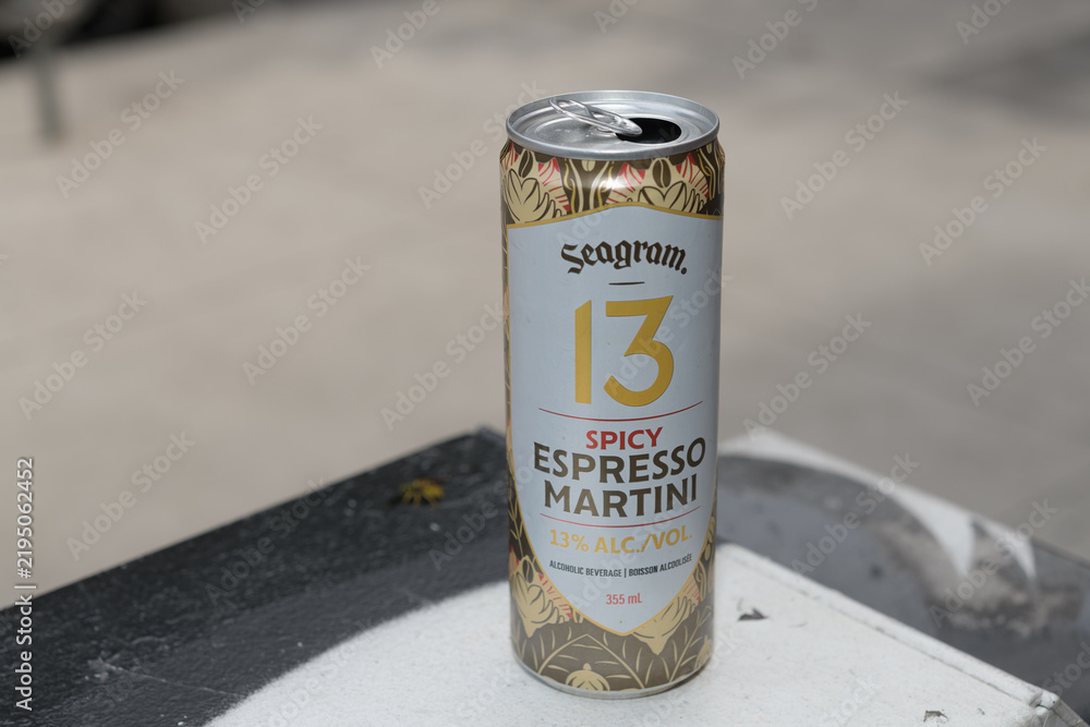 Fototapeta premium close-up of a discarded metal can of Seagram 13 - Spicy Espresso Martini, a 13% ABV ready-to-drink cocktail made in Ontario in Toronto