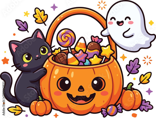 Fotografía Cute halloween featuring a smiling black cat and a friendly ghost beside a large