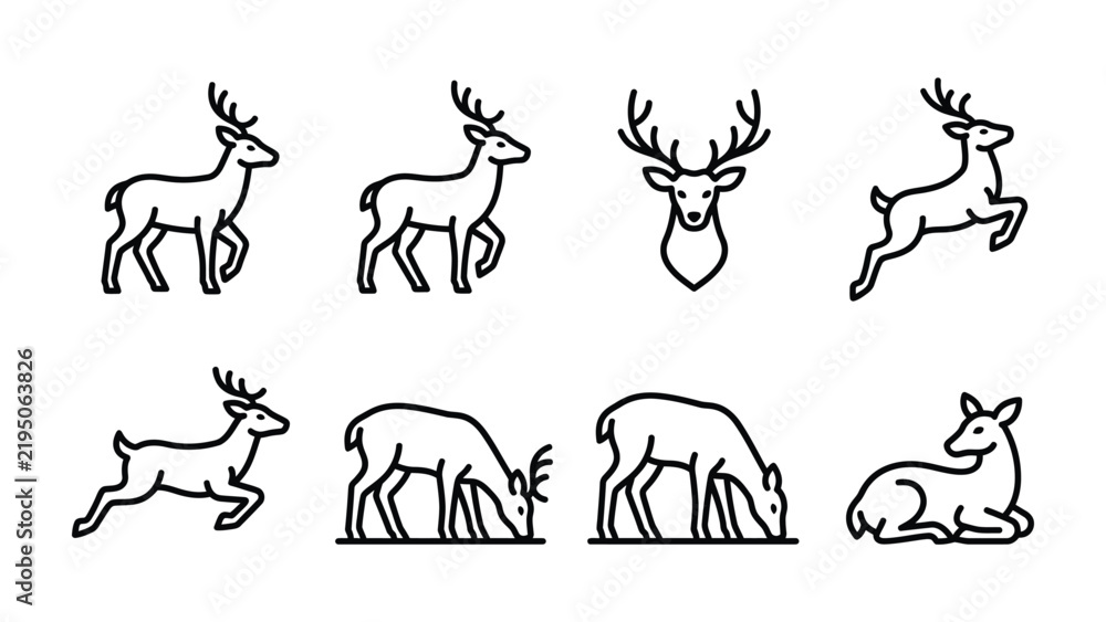 Fototapeta premium Set of Deer Icons: A collection of sleek line art illustrations depicts various poses of a deer, from standing and grazing to running and resting, symbolizing grace and nature.
