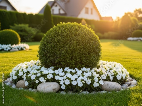 Green topiary ball surrounded by white flowers in garden