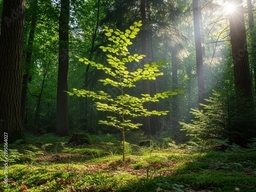 Young tree growing in a sunlit forest