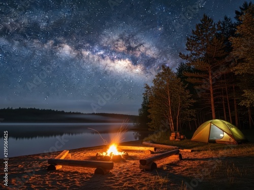 Camping with a campfire under starry night sky