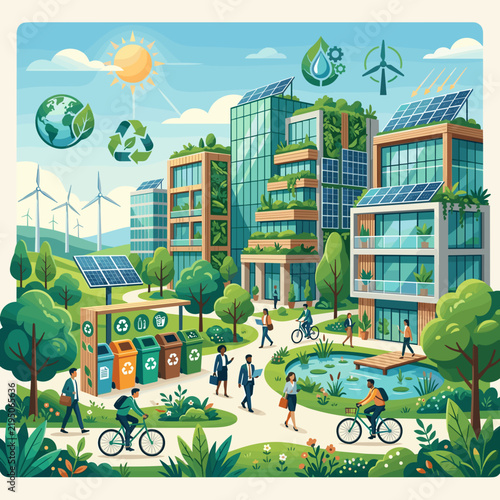 Sustainable city with green buildings solar panels wind turbines and people living eco friendly lives