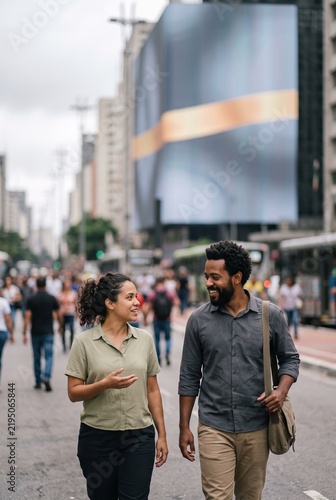Diverse Colleagues Talking and Walking on a Busy City Street During Commute