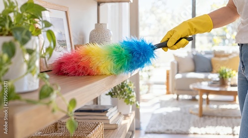 Rainbow Feather Duster in Action – Cheerful Housekeeping Concept