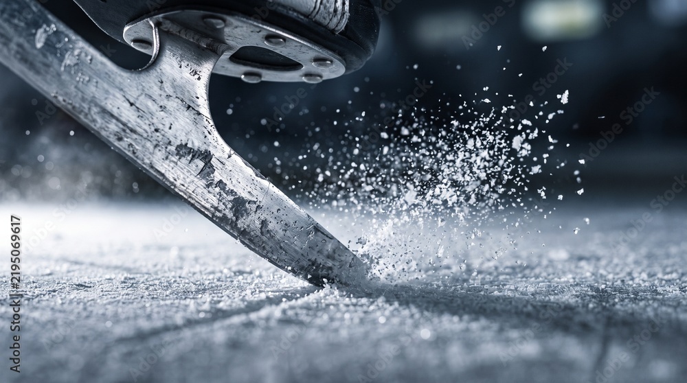 Obraz premium Close-up Ice skate blade cutting ice with spray of snow