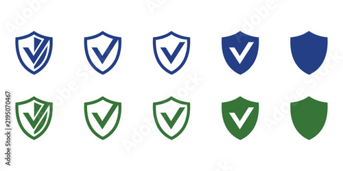 Shield icons with checkmarks in blue and green on white background vector illustration