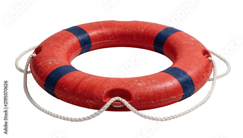 Canvastavla Orange life preserver ring with blue stripes and rope, isolated on transparent b