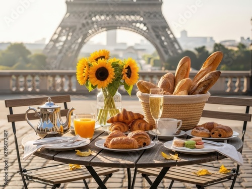 Picnic table with bread and sunflowers under eiffel tower