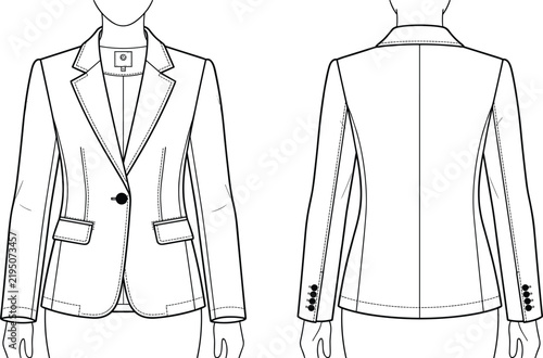  Blazer Template Sketch on Woman Figure with Lapel and Flap Pocket