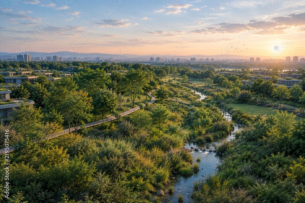 Fototapeta premium Restored Urban Biodiversity Corridor with Green Infrastructure and Stream