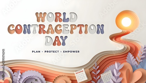 World contraception day concept banner featuring 3D paper art landscape and glowing sun illustration family planning health awareness medical campaign healthcare