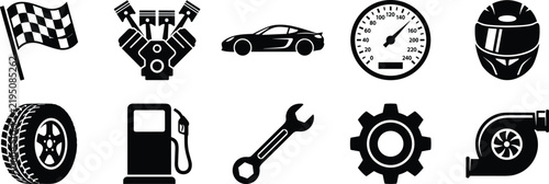 Car Racing Icon Set with Engine Helmet and Speedometer Silhouette