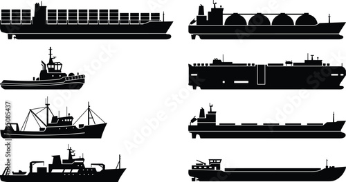 Cargo Ship and Workboat Silhouette Icon Set