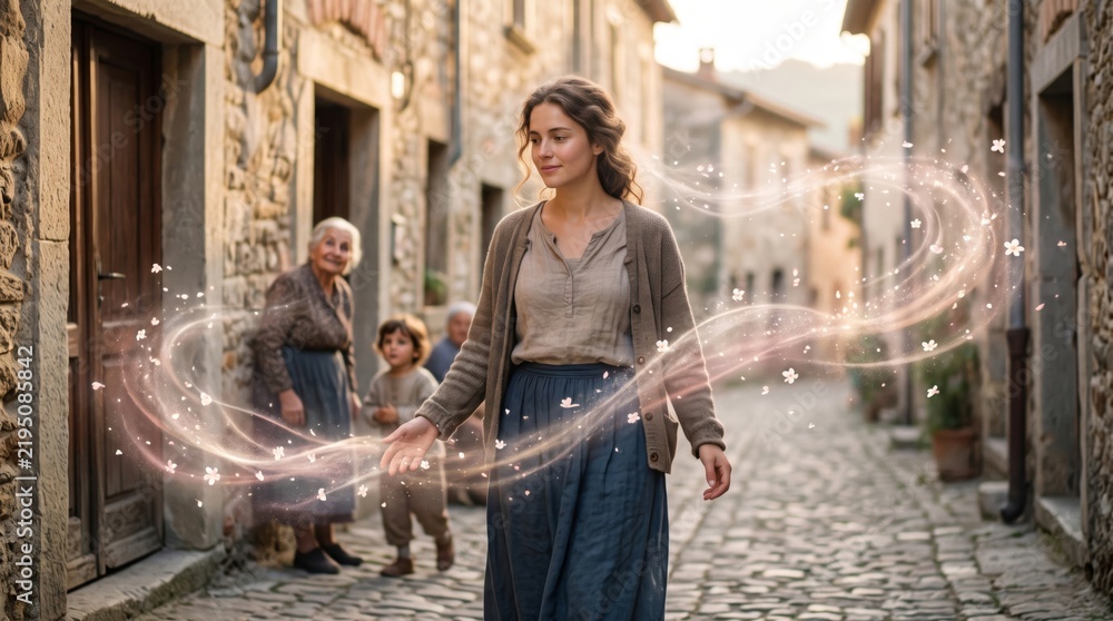 Fototapeta premium Woman walking through old village street surrounded by glowing light and flowers. Biblical scene of faith and divine grace in ancient town.