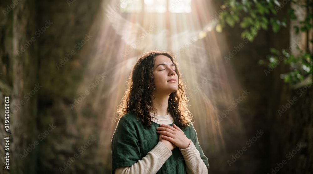 Fototapeta premium Woman with closed eyes praying with hands on chest in sunlit old church. Warm light rays and green leaves create peaceful spiritual atmosphere.