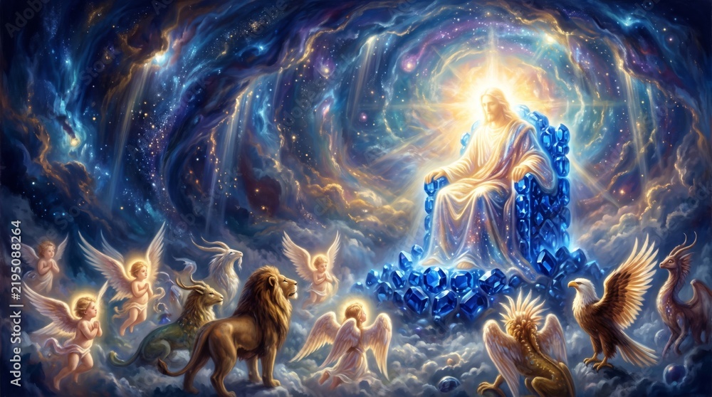 Fototapeta premium Jesus Christ sitting on crystal throne surrounded by angels and animals in heavenly cosmos. Divine glory radiates over clouds and galaxy in fantasy painting.