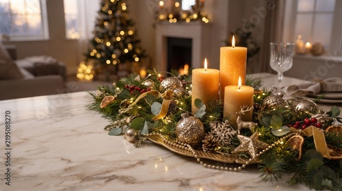 Christmas table centerpiece featuring burning candles surrounded by evergreen branches and golden ornaments in a festive living room interior.