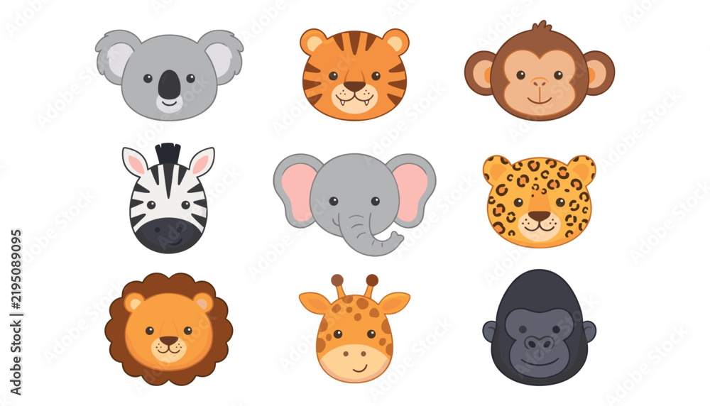 Obraz premium Cute wild animals face vector icon set featuring cartoon koala tiger monkey zebra elephant leopard lion giraffe and gorilla