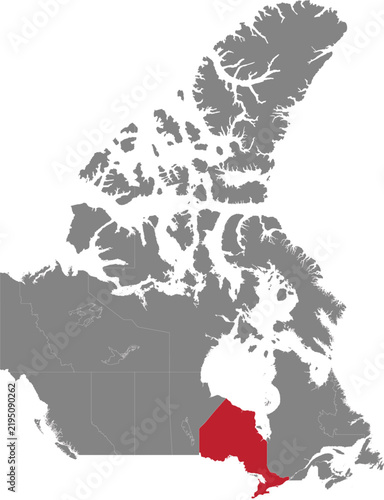 Ontario region highlighted in red on grey map of Canada for geographical presentation.