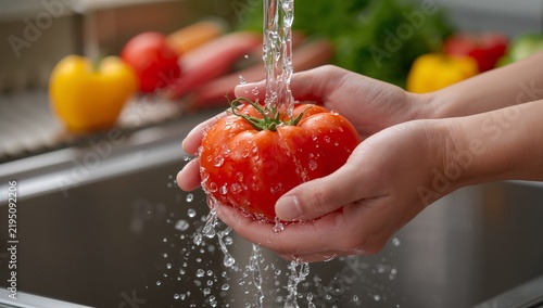 Close up of hands people washing vegetables by tap water at the sink in the kitchen to clean ingredient prepare a fresh salad.
