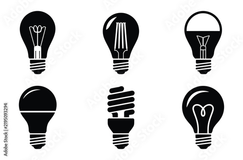 Bild auf Leinwand Diverse Light Bulb Icons Set, vintage Edison and modern LED styles, black silhou