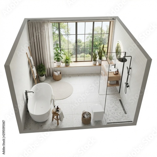 Spacious modern bathroom interior with bathtub and large window overlooking