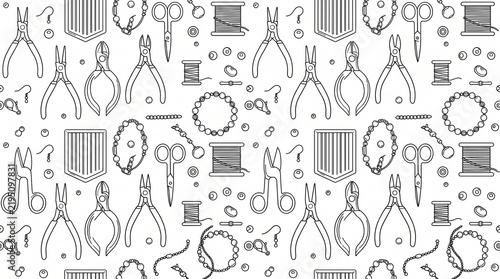   
Seamless black line art pattern of jewelry crafting tools and materials including pliers, scissors, wire spools, beads, trays, clasps, hooks, and bracelets.