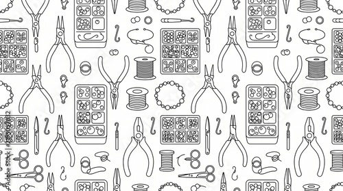   
Seamless black line art pattern of jewelry crafting tools and materials including pliers, scissors, wire spools, beads, trays, clasps, hooks, and bracelets.