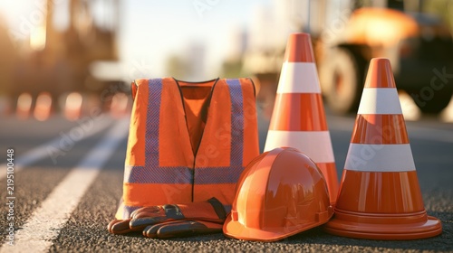 Safety equipment including an orange reflective vest, hard hat, gloves, and traffic cones arranged on a road surface with construction vehicles blurred in the background during daylight hours
