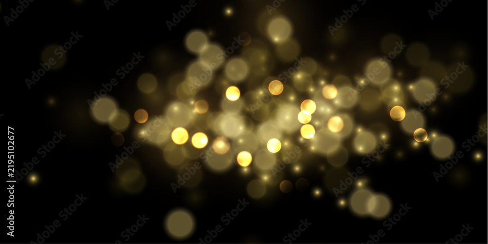 Fototapeta premium A cluster of warm golden bokeh lights softly glowing on a dark background. The lights vary in size and intensity, creating a dreamy, scattered effect. This image is ideal for festive or.
