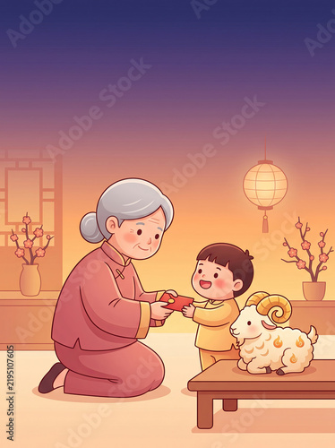 Grandmother giving a red envelope to a child in a vector illustration, representing Lunar New Year and Year of the Goat family traditions.