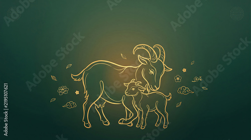 Golden line-art of a mother goat and kid on a forest green background, representing Lunar New Year and Year of the Goat family greetings.