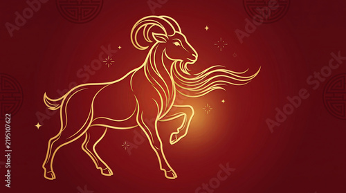 Golden line-art silhouette of a goat on a crimson red background, representing Year of the Fire Goat and Lunar New Year premium greetings.