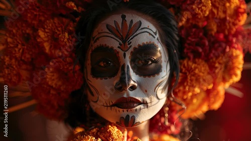 La Catrina Woman with Traditional Día de los Muertos Makeup and Marigolds